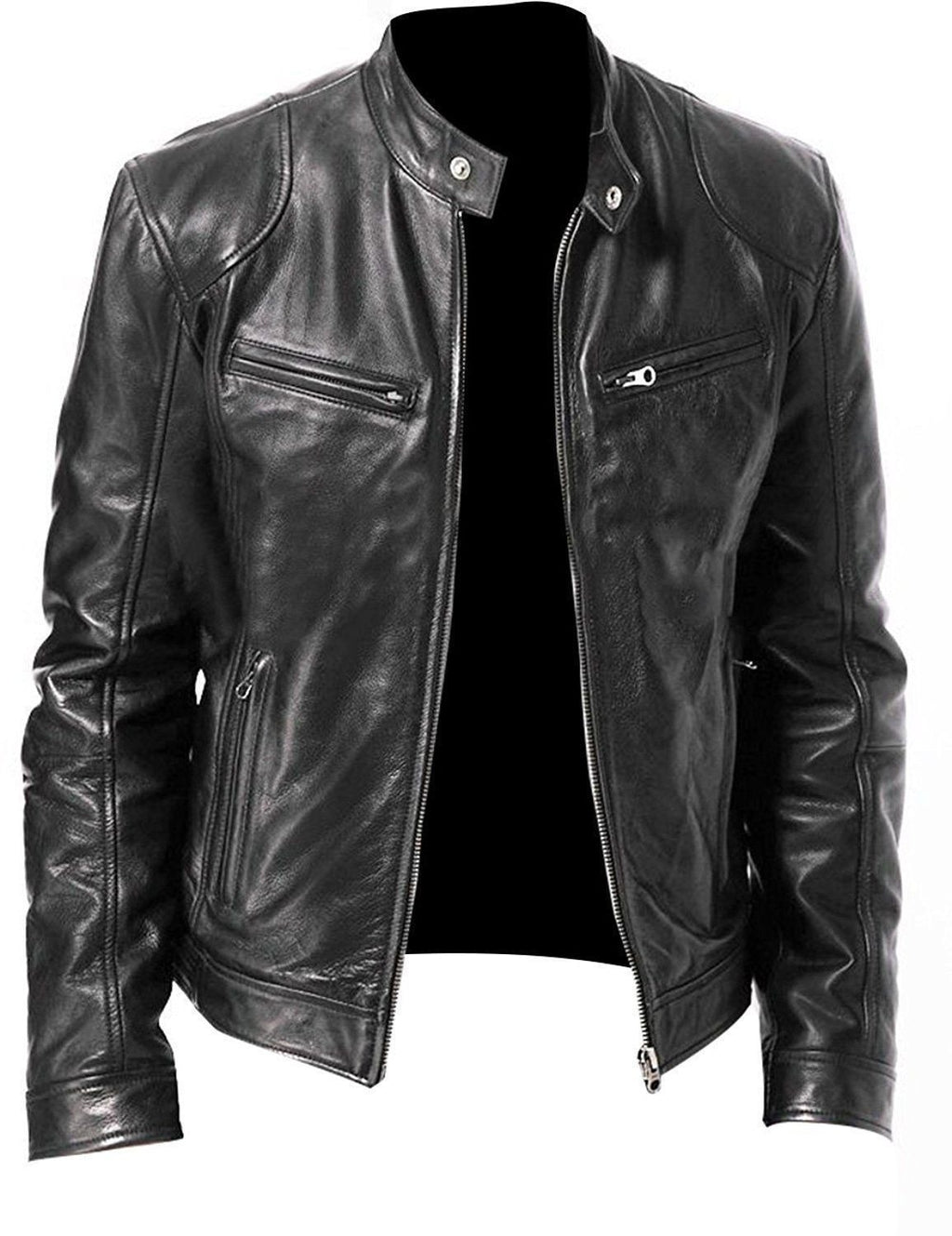 Mens Slim Fit PU Leather Biker Jacket with Zipper Pocket