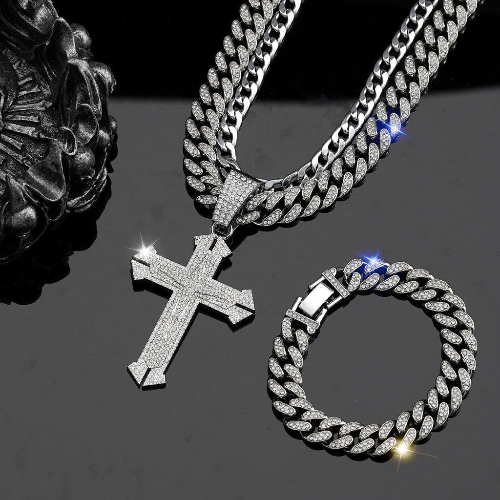 Hip Hop Cross Pendant Necklace and Bracelet Set
