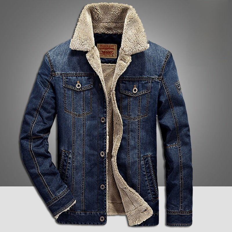 Men's Fleece-Lined Denim Jacket Winter Casual Loose Fit