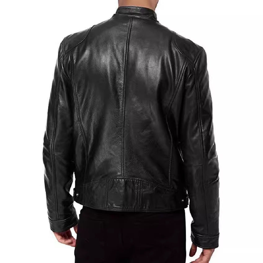 Mens Slim Fit PU Leather Biker Jacket with Zipper Pocket