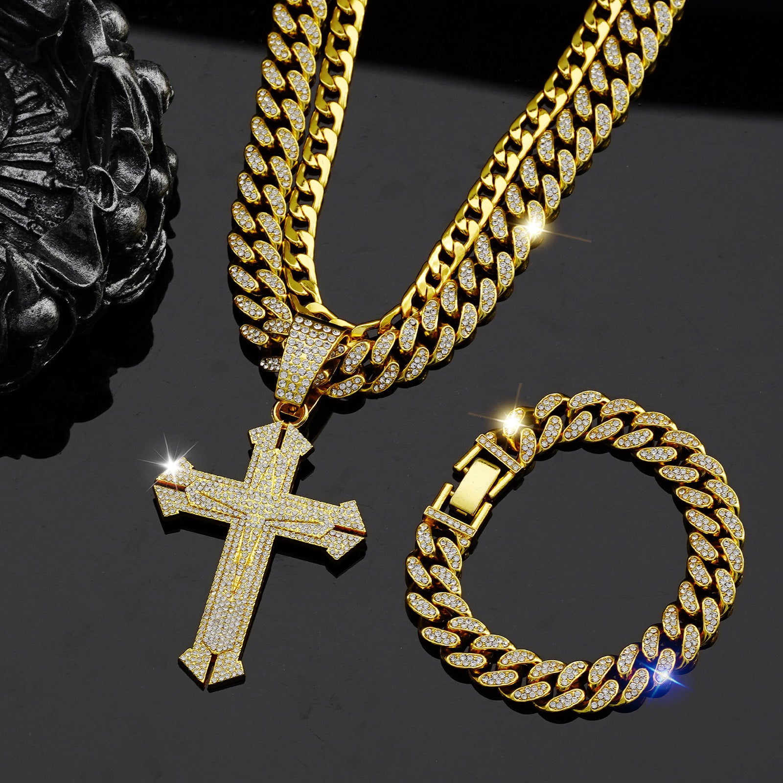 Hip Hop Cross Pendant Necklace and Bracelet Set